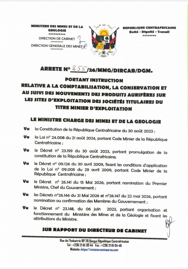 Publication de l’Arrêté n°255/26/MMG/DIRCAB/DGM relatif au contrôle et au suivi des produits aurifères 1