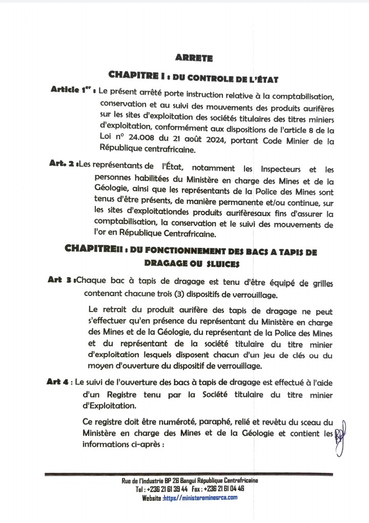 Publication de l’Arrêté n°255/26/MMG/DIRCAB/DGM relatif au contrôle et au suivi des produits aurifères 2